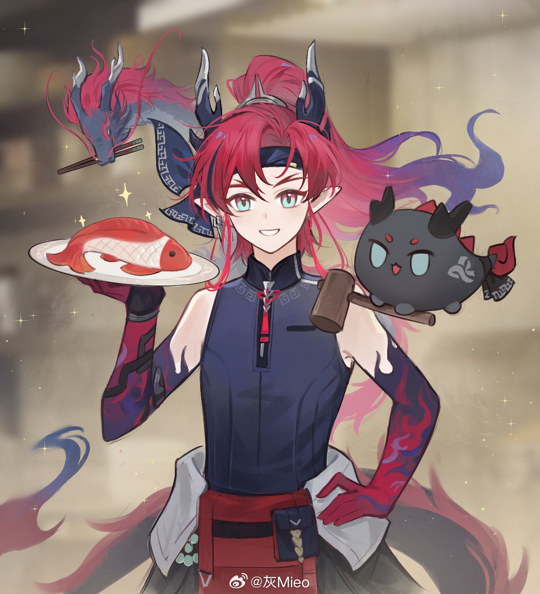 1boy aqua_eyes arknights bare_shoulders black_headband black_shirt blurry blurry_background colored_extremities colored_skin dragon dragon_boy dragon_bubble_(arknights) dragon_horns dragon_tail eastern_dragon eastern_dragon_horns eastern_dragon_tail fish_(food) forked_eyebrows grin hair_intakes hand_on_own_hip headband highres horns hui_mieo long_hair looking_at_viewer male_focus plate pointy_ears red_hair red_skin shirt sleeveless sleeveless_shirt smile solo tail upper_body watermark weibo_watermark yu_(arknights)