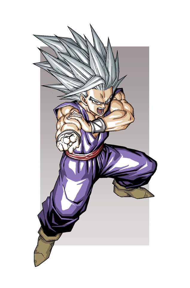 1boy commentary_request dougi dragon_ball dragon_ball_super dragon_ball_super_super_hero full_body gohan_beast makankousappou male_focus medium_hair muscular muscular_male n_(n14542698) open_mouth pants powering_up purple_pants purple_shirt red_eyes shirt single_bang solo son_gohan v-neck white_hair