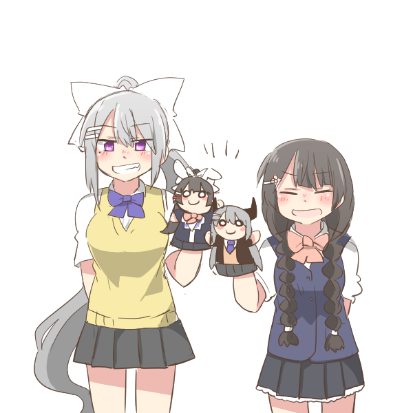 2girls :d arm_behind_back black_hair black_jacket black_skirt bow braid breasts cardigan_vest chibi closed_eyes collared_shirt grey_hair grey_skirt grin hair_between_eyes hair_over_shoulder hand_puppet higuchi_kaede higuchi_kaede_(1st_costume) higuchi_kaede_(3rd_costume) jacket long_hair low_twintails medium_breasts multiple_girls nijisanji notice_lines open_mouth pink_bow pleated_skirt ponytail puppet purple_bow purple_eyes rebecca_(keinelove) school_uniform shirt simple_background skirt smile sweater_vest tsukino_mito tsukino_mito_(1st_costume) tsukino_mito_(summer_uniform) twin_braids twintails very_long_hair virtual_youtuber white_background white_shirt