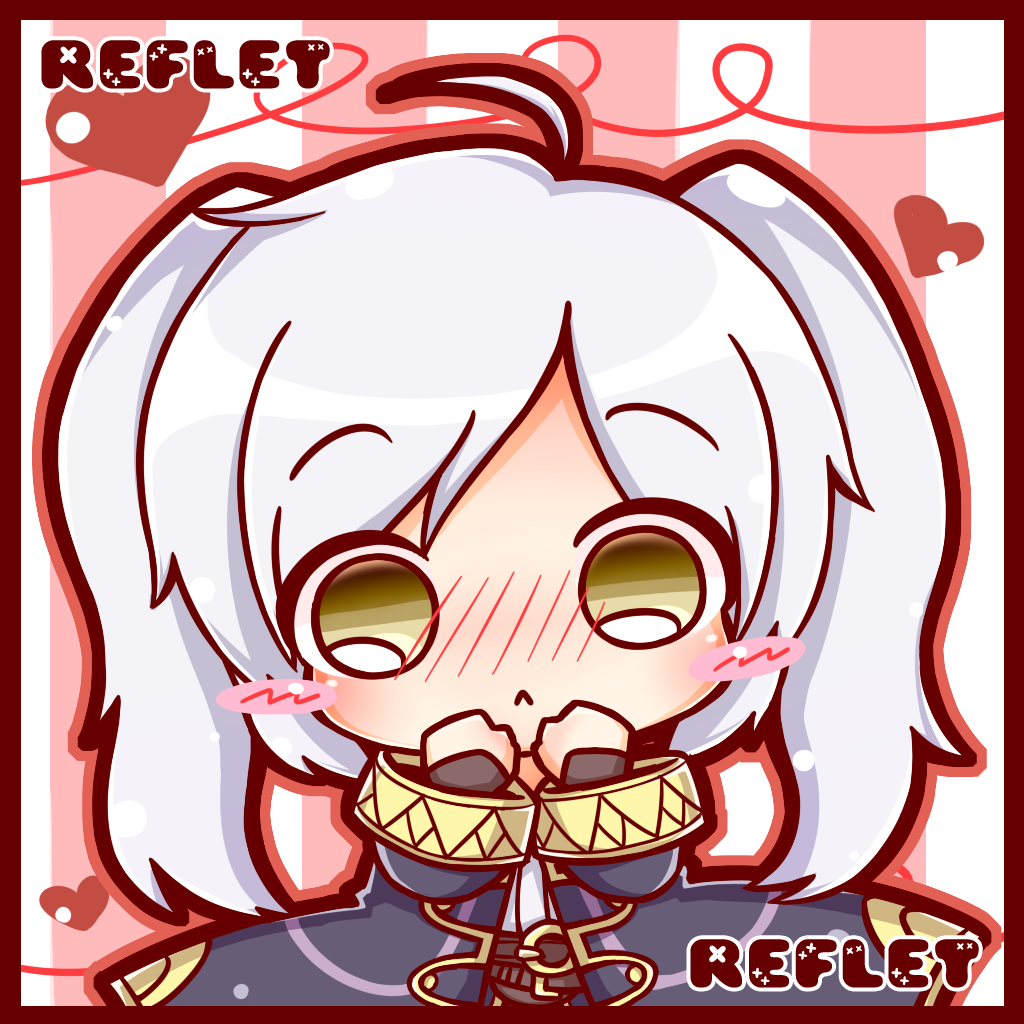 1girl :&lt; ahoge blush blush_stickers brown_eyes character_name chibi cloak female_focus female_robin_(fire_emblem) fire_emblem fire_emblem_awakening hands_on_own_face heart hood hooded_cloak long_coat looking_at_viewer nintendo ritateo solo super_smash_bros. twintails valentine white_hair