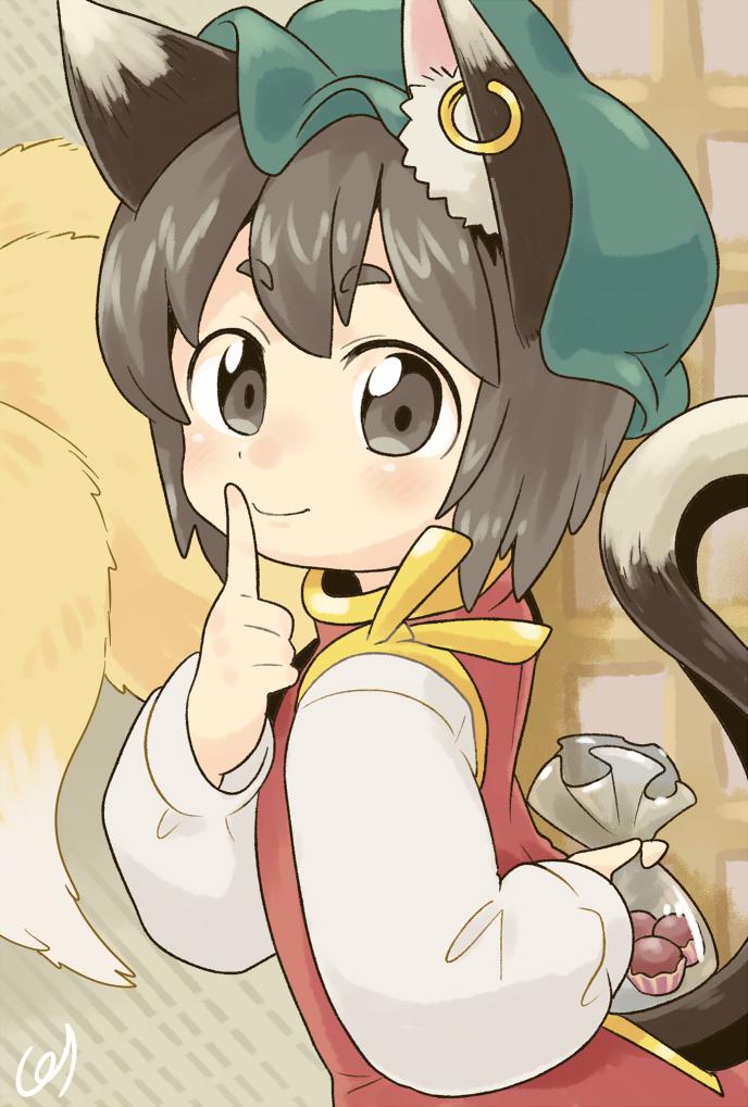 2girls animal_ear_fluff animal_ears arm_behind_back bag brown_eyes brown_hair cat_ears cat_tail chen dress earrings finger_to_mouth food fox_tail gold_trim hat holding holding_bag jewelry light_blush looking_at_viewer mob_cap multiple_girls multiple_tails nekomata pmx red_dress short_hair single_earring smile solo_focus sweets tail touhou two_tails yakumo_ran