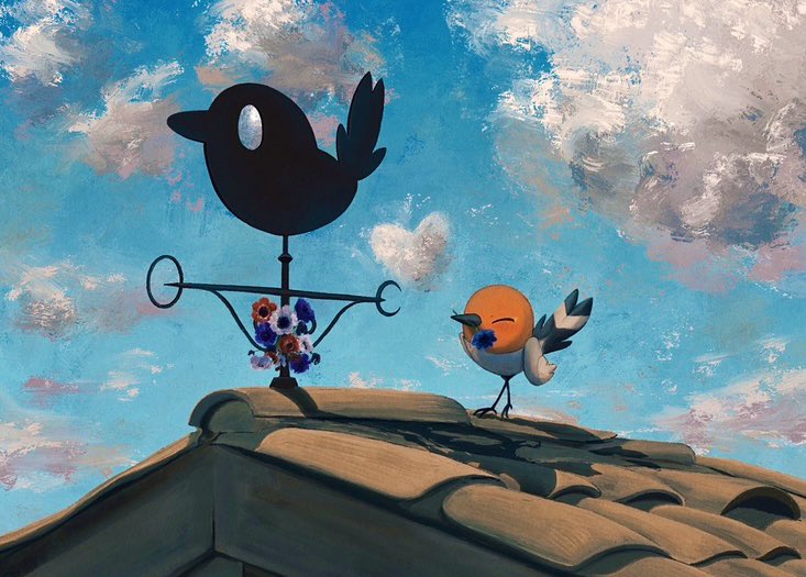 ^_^ bird blue_flower bouquet closed_eyes cloud fletchling flower flower_in_mouth gen_6_pokemon gyura nintendo no_humans outdoors pokemon pokemon_(creature) roof_shingles rooftop sky weather_vane white_flower yellow_flower