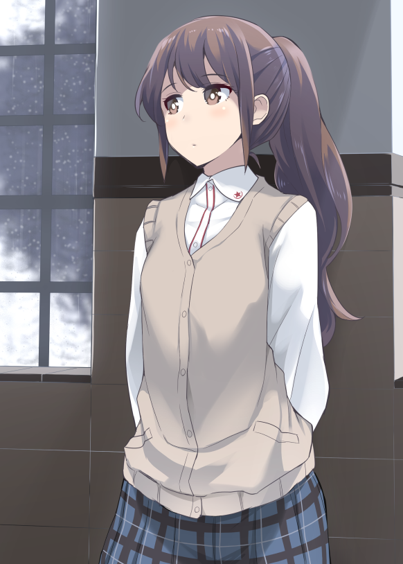 1girl batsu blush brown_eyes brown_hair cardigan cardigan_vest checkered_clothes checkered_skirt female_focus indoors long_hair okujou_no_yurirei-san ponytail rain skirt solo toomi_yuna window