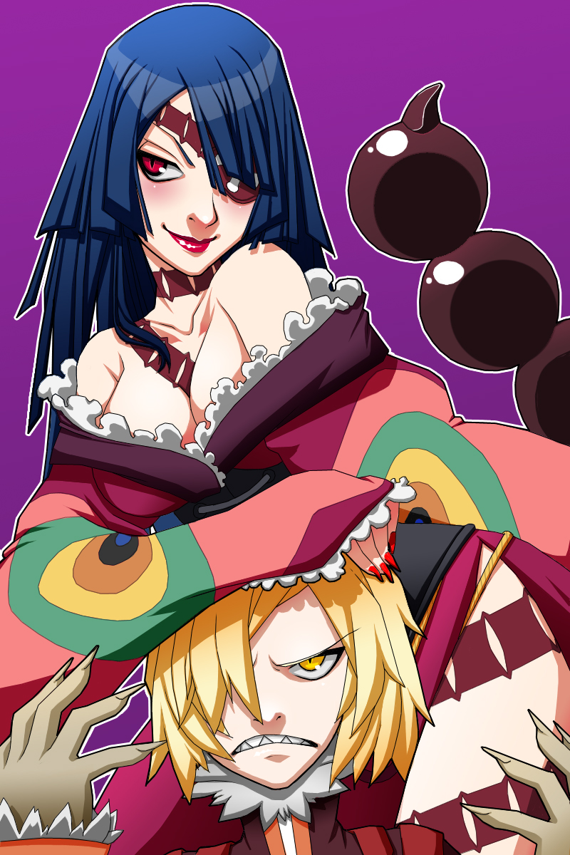 00s 1boy 1girl adiane blonde_hair blue_hair breasts cleavage eyepatch fingernails hair_over_one_eye highres leaning_on_person lipstick long_hair makeup purple_background red_eyes scorpion_tail setsuna22 sharp_fingernails sharp_teeth tail tattoo teeth tengen_toppa_gurren_lagann viral_(ttgl) yellow_eyes