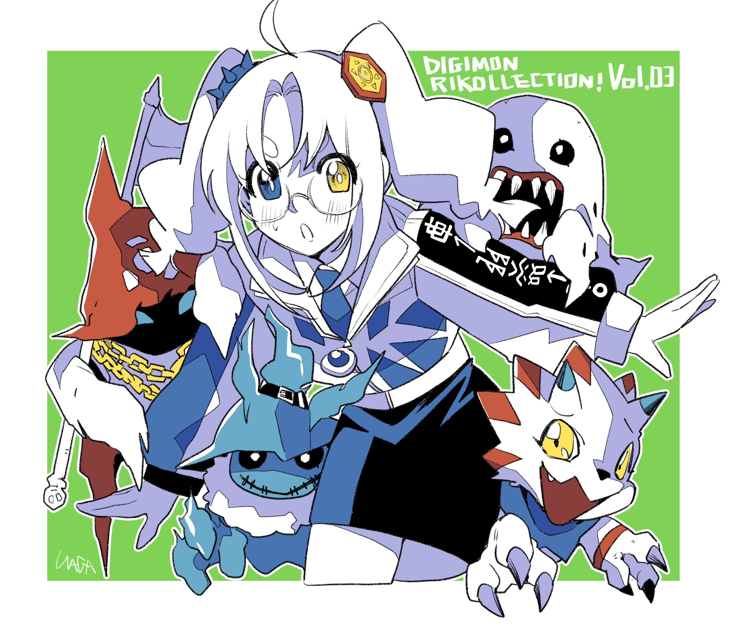 1girl bakemon blue_eyes border cosplay cowboy_shot digimon digimon_(creature) digimon_recollection fantomon gammamon ghostmon glasses green_background heterochromia highres holding holding_scythe hood hooded_jacket jacket limited_palette nozomi_riko omegamon omegamon_(cosplay) ookutsuwa_waga partially_colored release_celebration round_eyewear scythe simple_background skirt triceratops twintails white_border yellow_eyes