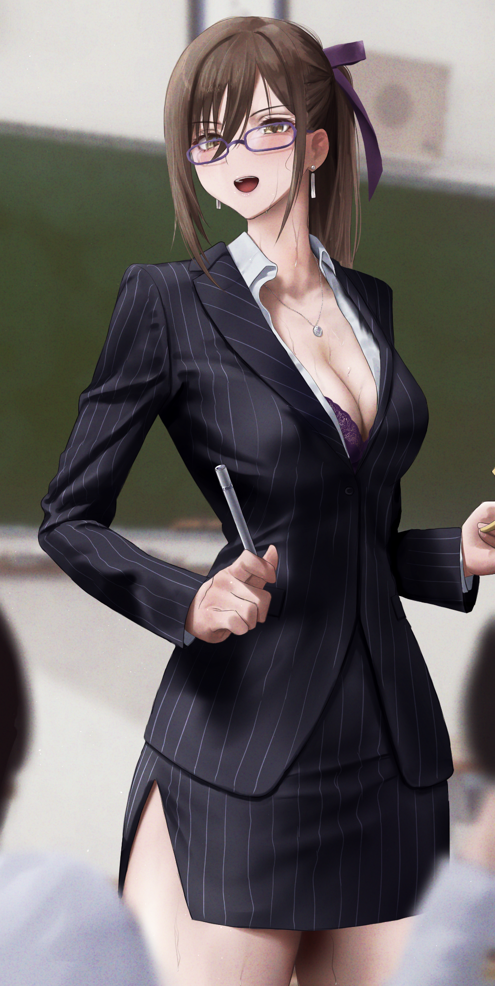 1girl 2others black_jacket black_skirt blazer blurry blurry_background blurry_foreground blush breasts brown_hair chalkboard classroom cleavage depth_of_field highres jacket large_breasts laser_pointer looking_at_viewer maxima_sakuya_enfield miniskirt multiple_others open_collar out_type_(outtypeex) ponytail purple-framed_eyewear shining_(series) shining_blade side_slit skirt solo_focus striped_clothes striped_jacket striped_skirt sweatdrop teacher