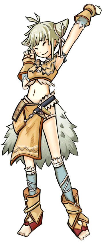 bad_id bad_pixiv_id belt cone_hair_bun closed_eyes feathers full_body hair_bun leather midriff ribbon shigure_(love_letter) solo stretching trusty_bell viola