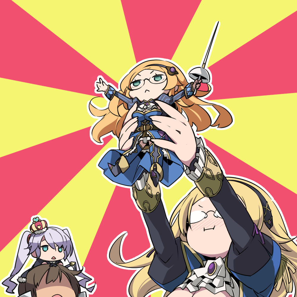 1boy 1girl :&lt; :i belt blonde_hair blue_eyes blue_legwear blush boots breasts brooch brown_hair chibi closed_mouth commentary_request crown dress green_eyes hairband heart holding holding_up jewelry jitome katie_(sennen_sensou_aigis) long_hair long_sleeves looking_at_another medium_breasts mini_crown nose_blush nyuusankin on_head open_mouth outline outstretched_arms prince_(sennen_sensou_aigis) puffy_long_sleeves puffy_sleeves rapier rimless_eyewear sennen_sensou_aigis shaded_face silver_hair sword sybilla triangle_mouth twintails very_long_hair weapon