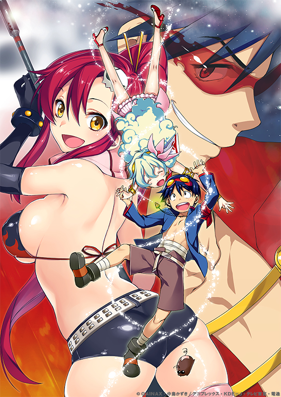 00s 2boys 2girls :d ass back bare_shoulders belt bikini bikini_top_only blue_hair boota_(ttgl) breasts falling flower gainaxtop goggles goggles_on_head hair_flower hair_ornament holding_hands kamina_(ttgl) kamina_shades large_breasts looking_back micro_shorts multicolored_hair multiple_boys multiple_girls nia_teppelin official_art open_mouth red_hair topless_male short_shorts shorts sideboob simon_(ttgl) skirt smile studded_belt sumeragi_kohaku swimsuit tengen_toppa_gurren_lagann two-tone_hair underboob yoko_littner