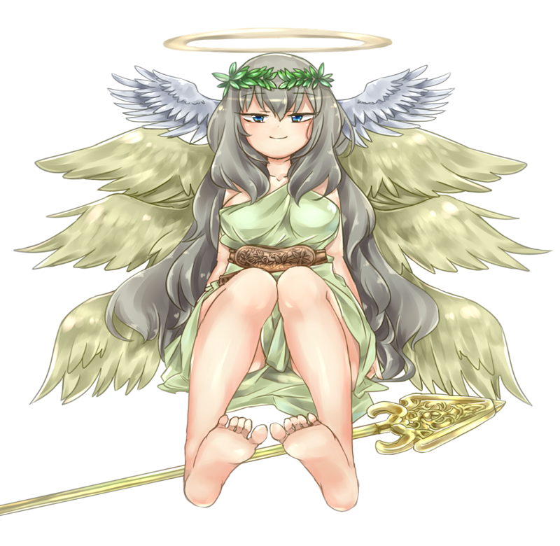 1girl angel angel_wings bare_legs bare_shoulders barefoot blue_eyes breasts closed_mouth commentary_request feathered_wings feet full_body grey_hair hair_between_eyes halo head_wings knees_up large_breasts laurel_crown light_blush long_hair looking_at_viewer mon-musu_quest! mon-musu_quest:_paradox multiple_wings pippi_(ku_ro_do_zorizo_to) polearm seraph_eden simple_background sitting smile soles solo spear straight-on toes toga very_long_hair weapon white_background wings