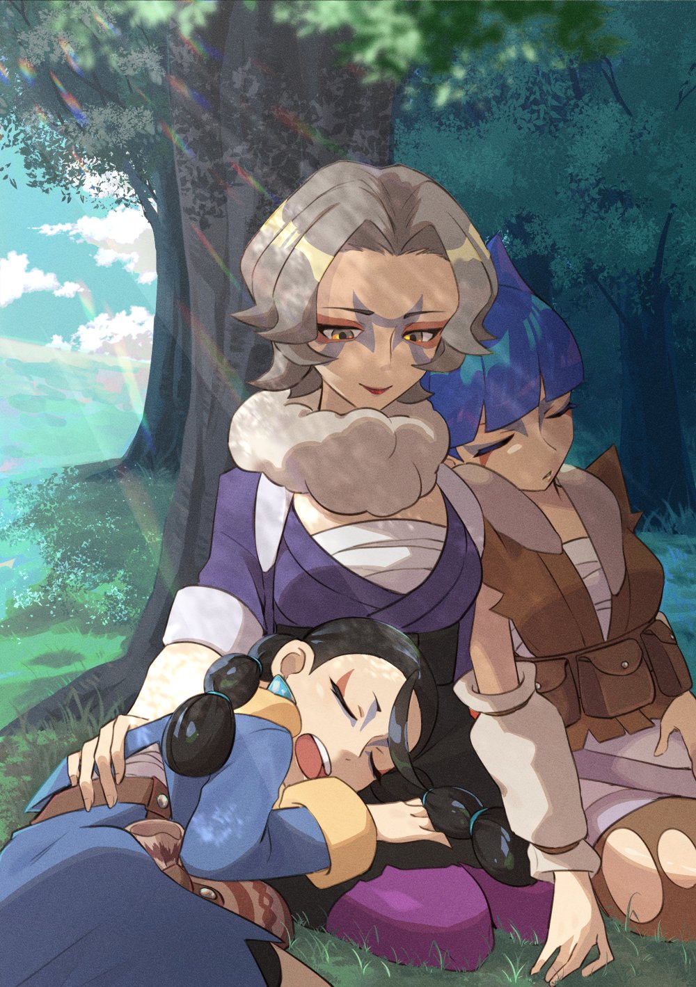 3girls black_hair blue_hair blunt_bangs brown_vest charm_(pokemon) closed_eyes closed_mouth cloud clover_(pokemon) coin_(pokemon) commentary_request day facial_mark grass grey_hair highres kono2noko lying multi-tied_hair multiple_girls nintendo open_mouth outdoors pokemon pokemon_legends:_arceus short_hair skirt sky sleeping smile teeth tongue tree upper_teeth_only vest yellow_eyes