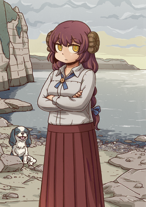 1girl ammonite_hair_ornament animal beach blue_bow blue_cross_tie bow braid breasts brown_hair closed_mouth cloud cloudy_sky collared_shirt cross_tie crossed_arms dog fate/grand_order fate_(series) feet_out_of_frame frown game_cg grey_shirt hair_bow long_hair long_skirt long_sleeves looking_at_viewer mary_anning_(fate) mary_anning_(first_ascension)_(fate) medium_breasts ocean official_art pleated_skirt red_skirt riyo_(lyomsnpmp) shirt sidelocks single_braid skirt sky sleeve_cuffs slit_pupils solo spaniel_(dog) third-party_source variant_set wing_collar yellow_eyes
