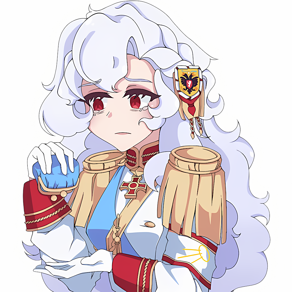 1girl aiguillette alpha_(alpha_1918) armband bag blank_eyes blue_sash buttons coin_purse collar cross cross_pendant epaulettes findoworld fluffy fluffy_hair frown gloves gold_buttons gold_trim hair_ornament handbag holding holding_bag lips long_hair military military_uniform open_handbag original poverty red_eyes red_sleeve_cuffs russian_empire sash sleeve_cuffs solo sputnik_and_pogrom sticker transparent transparent_background very_long_hair white_gloves white_hair