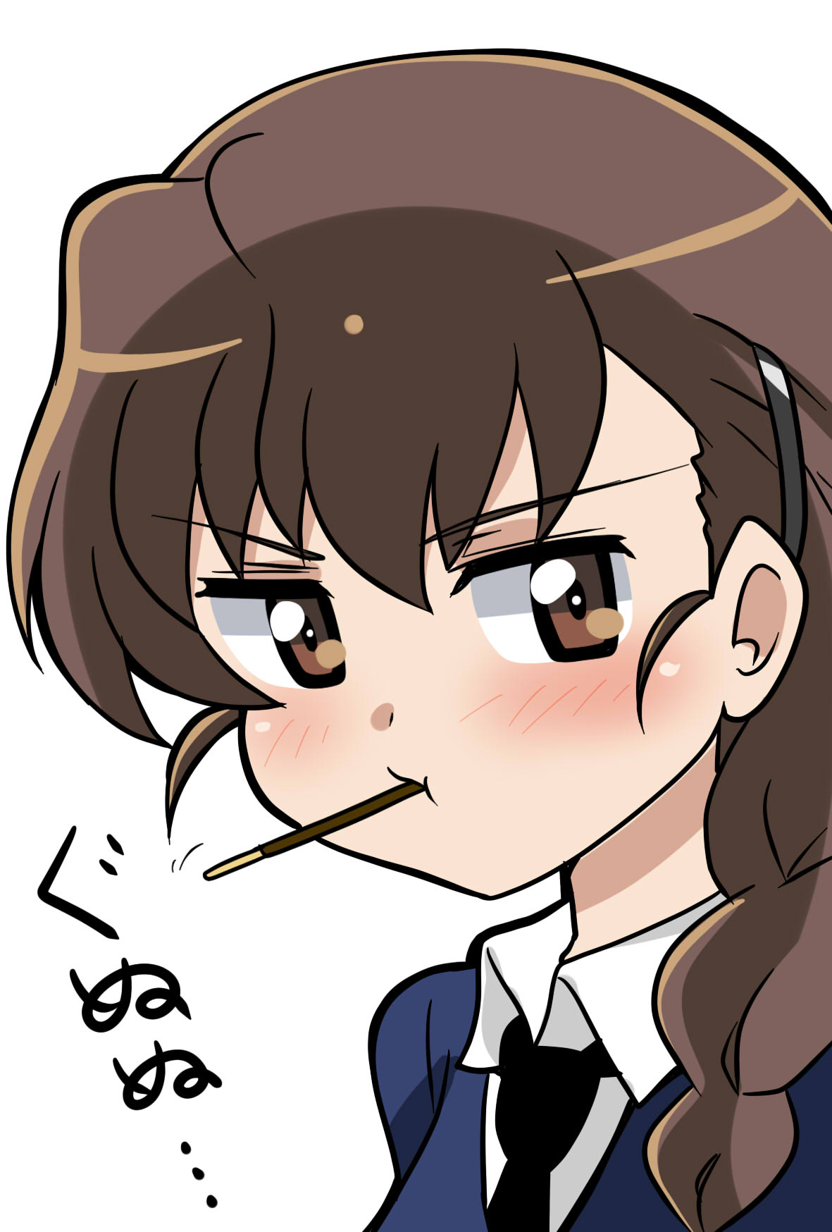 1girl black_necktie blue_sweater brown_eyes brown_hair collared_shirt food food_in_mouth girls_und_panzer hair_ornament hairpin highres long_braid long_hair looking_to_the_side necktie pocky pocky_in_mouth pout rukuriri_(girls_und_panzer) school_uniform shirt solo st._gloriana's_school_uniform sweater translation_request wakku_kan white_shirt