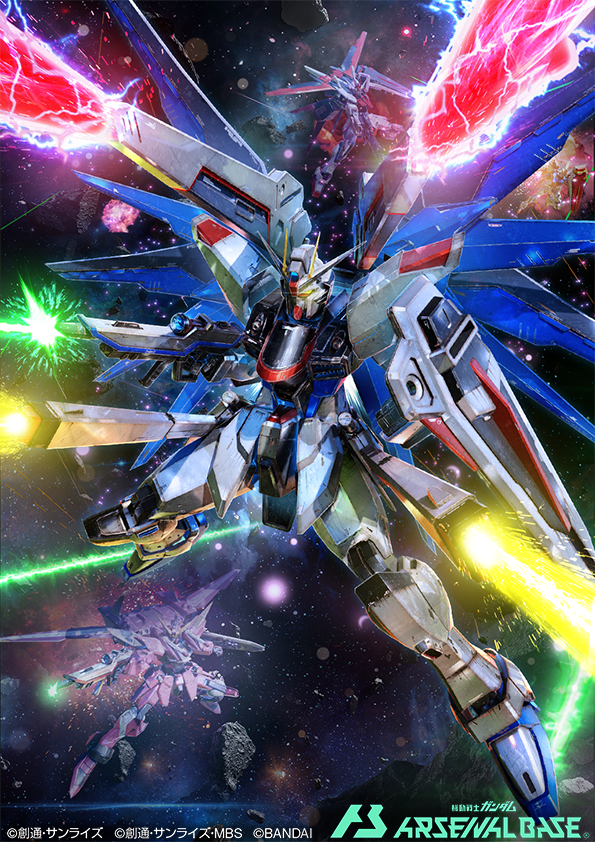 3d beam_rifle copyright_name dual_wielding energy_gun explosion firing freedom_gundam glowing glowing_eye gun gundam gundam_arsenal_base gundam_seed holding holding_gun holding_shield holding_weapon jetpack justice_gundam laser logo mecha mechanical_wings mobile_suit no_humans official_art robot science_fiction shield shoulder_cannon solo_focus space strike_rouge v-fin weapon wings yamataka_(blenderkame) yellow_eyes