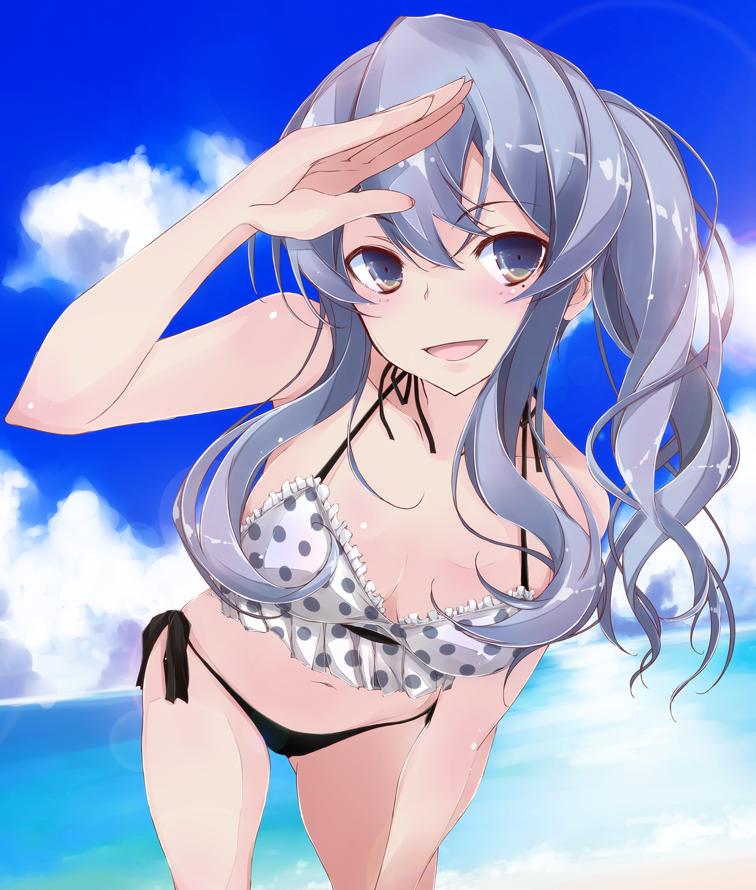1girl alternate_hairstyle beach bikini black_bikini blue_hair blue_sky breasts brown_eyes cloud cloudy_sky commentary day dutch_angle female_focus foreshortening frilled_bikini frilled_bikini_top frills gotland_(kancolle) horizon kantai_collection leaning_forward lens_flare long_hair looking_at_viewer medium_breasts mismatched_bikini mole mole_under_eye navel ocean open_mouth outdoors polka_dot polka_dot_bikini polka_dot_bikini_top salute shiny_skin side-tie_bikini_bottom side_ponytail sidelocks skindentation sky smile solo standing string_bikini swimsuit white_bikini yumesato_makura