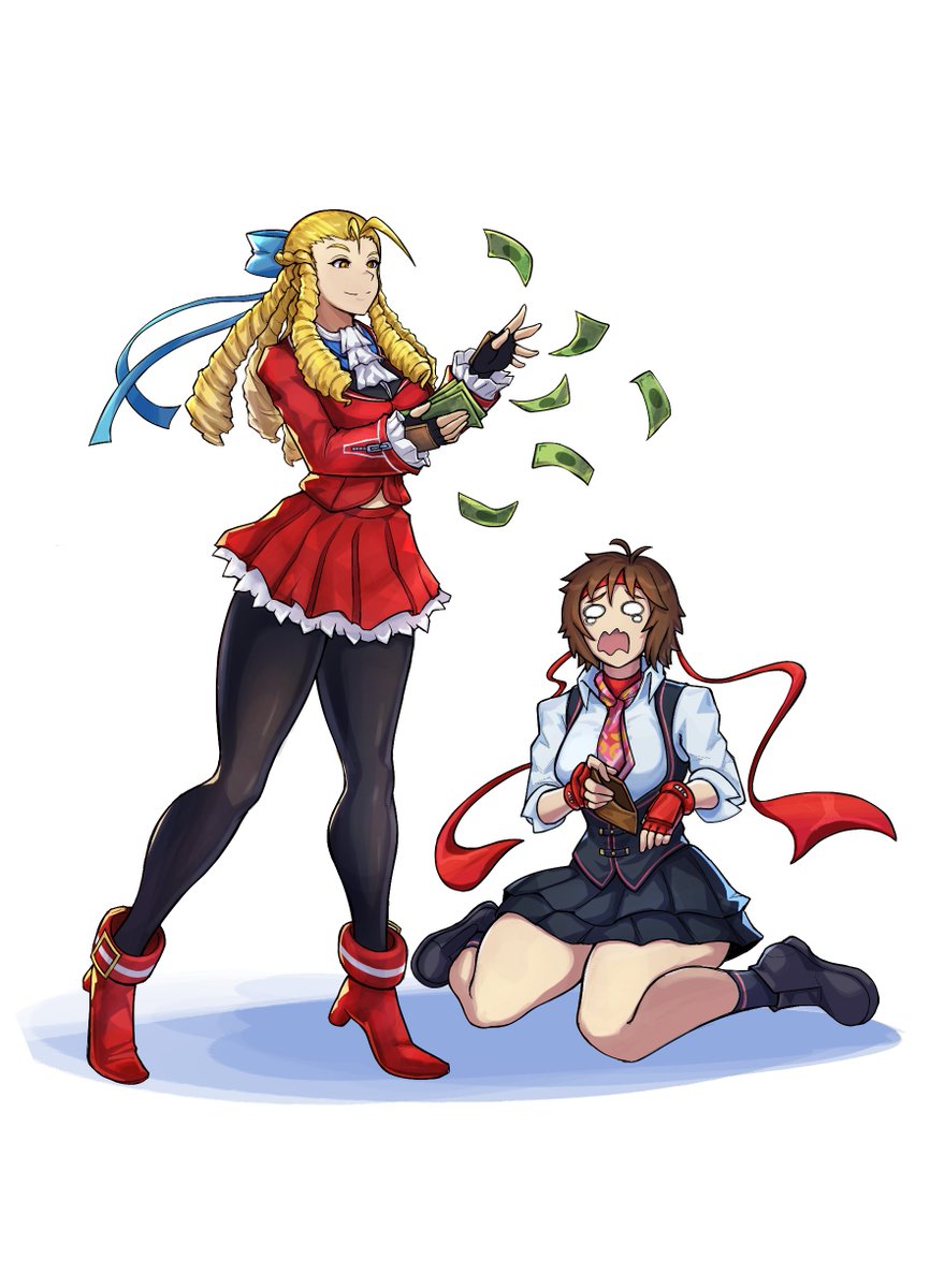 2girls ascot black_gloves black_skirt black_vest blonde_hair blue_bow bow brown_hair capcom closed_mouth empty_wallet female_focus fingerless_gloves gloves hair_ribbon headband highres kanzuki_karin kasugano_sakura matching_hair/eyes money multiple_girls open_mouth red_gloves red_headband red_ribbon red_shirt ribbon shirt short_hair skirt stickiezblue street_fighter street_fighter_v vest wallet white_ascot white_background white_shirt yellow_eyes