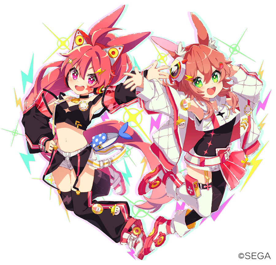 2girls :d animal_ears arm_up asymmetrical_legwear black_camisole black_choker black_thighhighs blush camisole choker copyright_notice detached_sleeves full_body green_eyes hair_ornament headgear jacket long_hair looking_at_viewer maimai_(game) mamyouda multiple_girls navel open_clothes open_jacket open_mouth otohime_(maimai) purple_eyes rabbit_ears ras_(maimai) red_hair shorts smile teeth thighhighs thunder upper_teeth_only white_jacket white_shorts