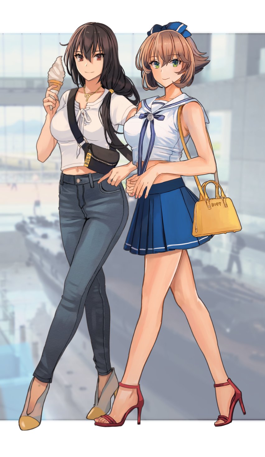 1girl 2girls alternate_hairstyle bag black_hair blue_skirt blush bow breasts brown_hair casual denim green_eyes hair_bow handbag high_heels highres ice_cream_cone jeans kantai_collection kasumi_(skchkko) large_breasts long_hair looking_at_viewer midriff multiple_girls museum mutsu_(kancolle) nagato_(kancolle) outside_border pants photo_background red_eyes sailor_collar short_hair skirt smile solo yamato_(battleship)