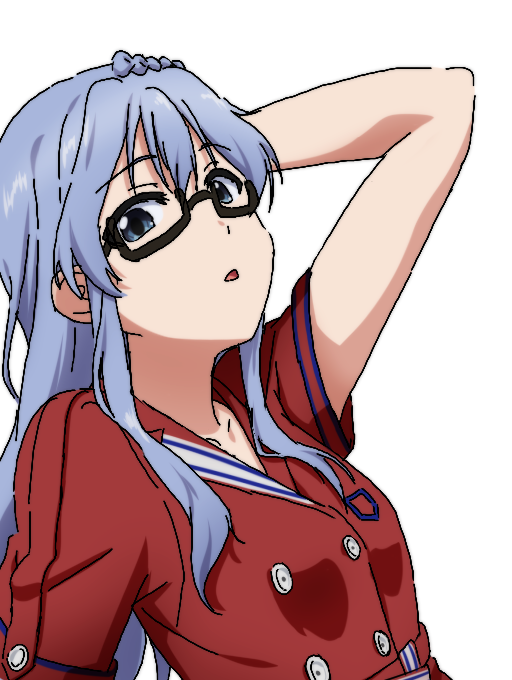 1girl 22/7 arm_up black-framed_eyewear blue_eyes blue_hair braid buttons double-breasted dress from_side glasses hand_in_own_hair igashiko light_blue_hair long_hair looking_at_viewer looking_to_the_side maruyama_akane nani_mo_shiteagerarenai oekaki parted_lips rectangular_eyewear red_dress semi-rimless_eyewear short_sleeves simple_background single_braid solo under-rim_eyewear upper_body white_background
