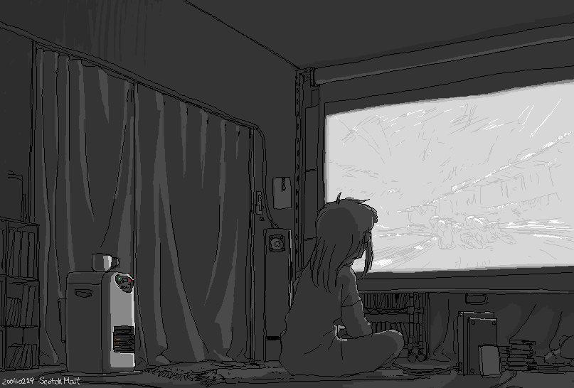 00s 1girl 2004 female_focus full_body game_console indoors monochrome ms_paint playstation_2 sitting solo sukocchi_moruto