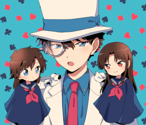 1boy 2girls akiyoshi_(tama-pete) blue_eyes brown_hair closed_mouth club_(shape) diamond_(shape) formal_clothes hand_puppet hat heart kaitou_kid koizumi_akako long_hair looking_at_viewer magic_kaito monocle multiple_girls nakamori_aoko necktie open_mouth parted_bangs puppet red_eyes red_necktie sailor_collar short_hair side_part smile spade_(shape) suit top_hat upper_body white_suit