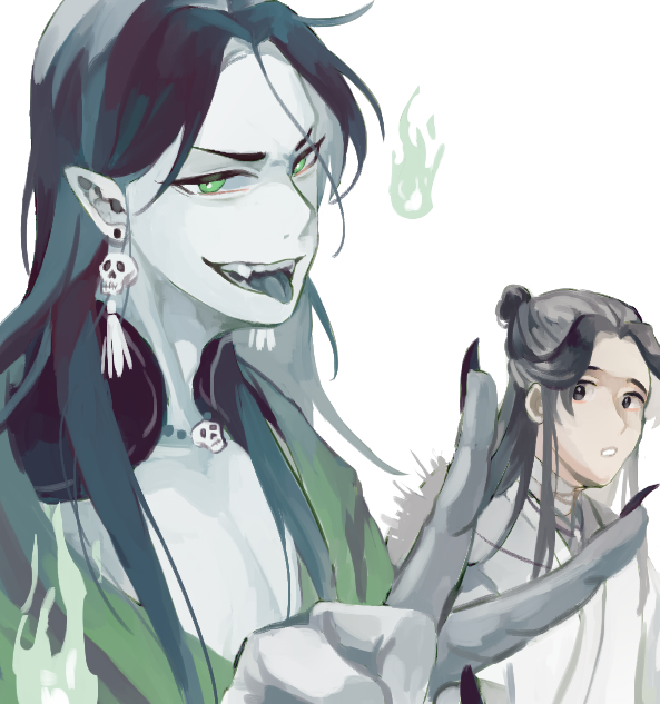 2boys :o bandaged_neck bandages black_hair chinese_clothes cousins earrings fang fingernails fire green_eyes green_fire green_hanfu grey_eyes hair_bun hanfu hat jewelry long_hair looking_at_another male_focus multiple_boys necklace open_mouth pale_skin qi_rong rice_hat sharp_fingernails shellymay simple_background skull_earrings skull_necklace tassel tassel_earrings tianguan_cifu tongue tongue_out unworn_hat unworn_headwear upper_body v white_background white_hanfu xie_lian