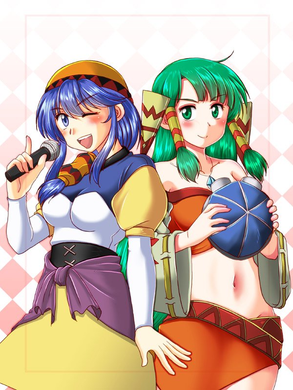 2girls blush breasts closed_mouth crossover feena_(grandia) grandia grandia_i green_eyes green_hair hair_tubes hat jewelry long_hair looking_at_viewer low-tied_long_hair luna_noah lunar:_the_silver_star midriff motomiya_ryou multiple_girls navel necklace simple_background skirt smile white_background wide_sleeves