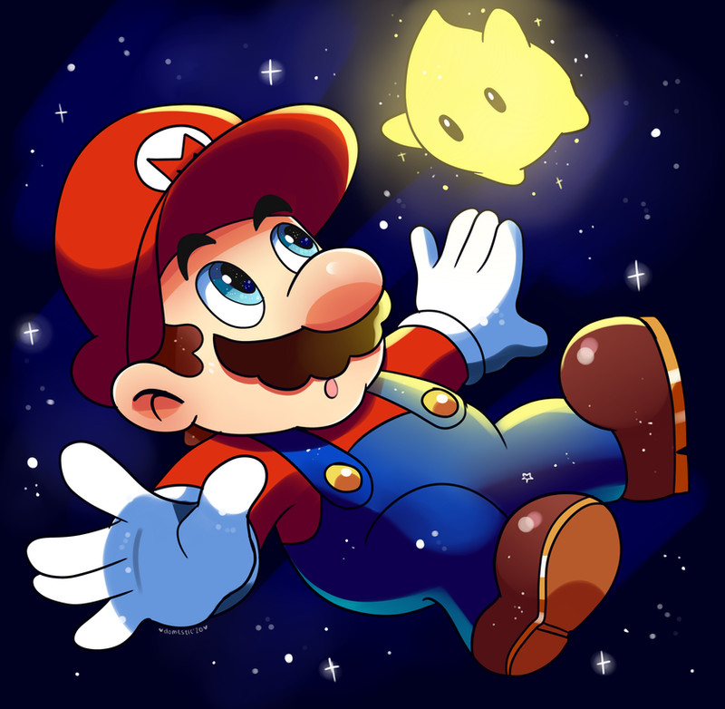 artist_name blue_overalls brown_footwear brown_hair domestic_maid facial_hair gloves luma_(mario) mario mario_(series) mustache nintendo overalls red_shirt shirt star_(sky) super_mario_galaxy white_gloves