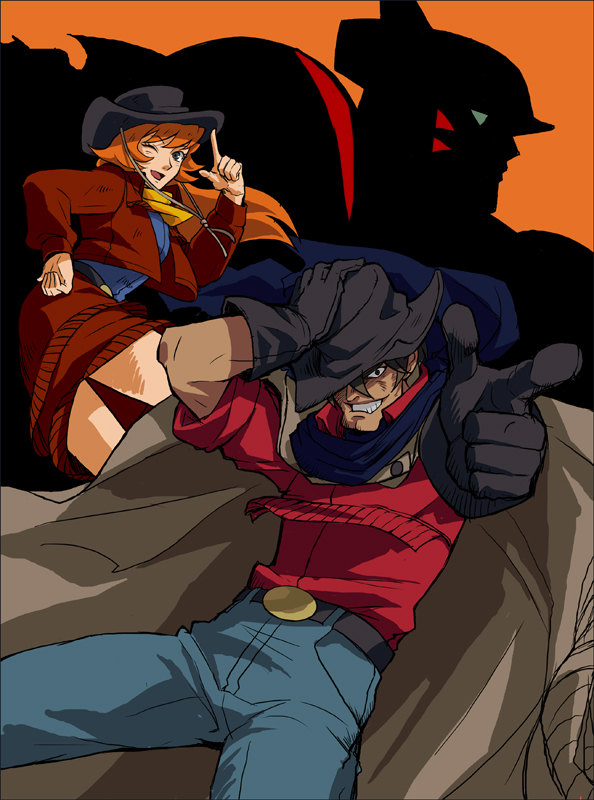 belt brother_and_sister brown_hair colorful_m cowboy cowboy_hat cowboy_western denim getter_robo gloves grin hat jack_king jeans mary_king mecha one_eye_closed orange_hair pants pointing robot scarf shin_getter_robo_vs_neo_getter_robo siblings smile texas_mack toei_animation western wink