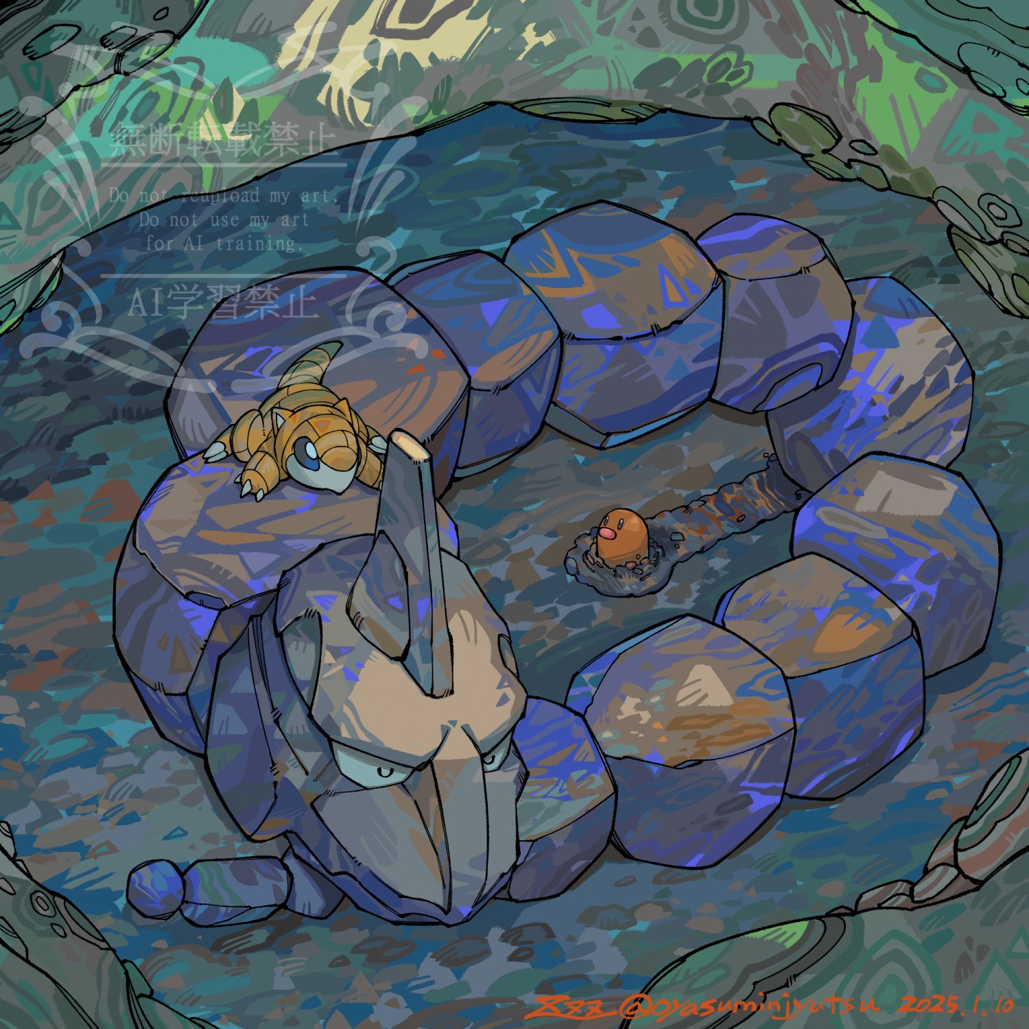 closed_eyes dated diglett gen_1_pokemon highres lying lying_on_pokemon nintendo no_humans onix oyasuminjyutsu pokemon pokemon_(creature) sandshrew signature sleeping soil twitter_username u_u watermark