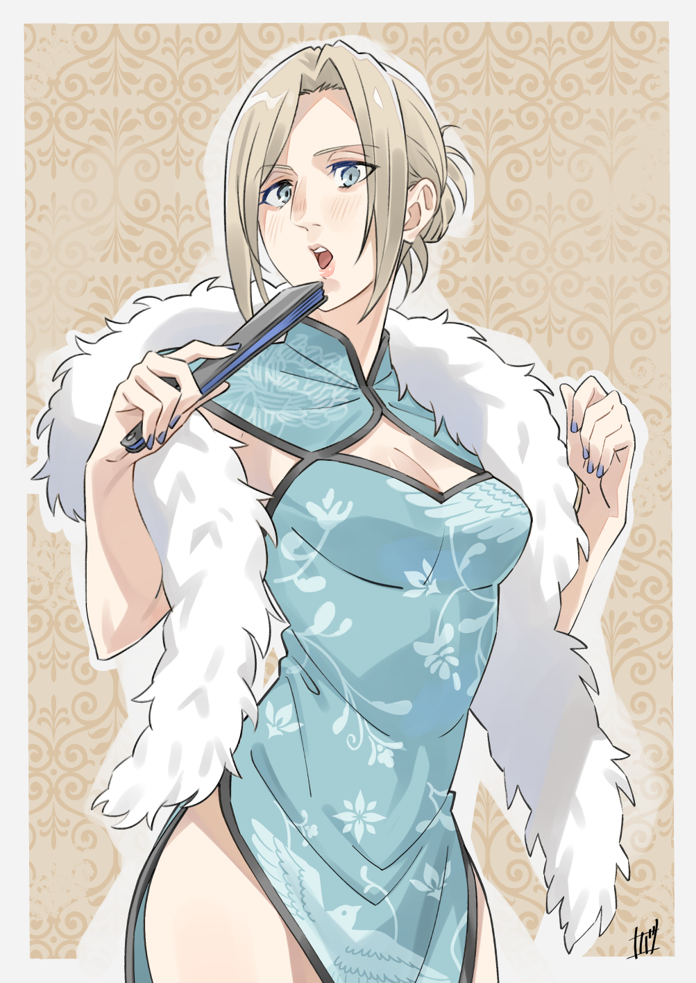 1girl annie_leonhart blonde_hair blue_dress blue_eyes blue_nails blush border breasts brown_background china_dress chinese_clothes cleavage_cutout clothing_cutout cowboy_shot dress eyes_visible_through_hair fingernails floral_print_dress folded_fan folding_fan fur_scarf grasshopper193 hand_fan hands_up highres holding holding_fan looking_at_viewer medium_breasts nail_polish nose open_mouth outside_border pink_lips scarf shingeki_no_kyojin short_hair side_slit solo standing teeth turning_head upper_teeth_only white_border white_scarf