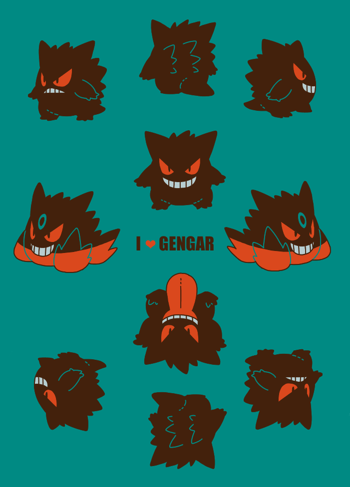 animal_focus blue_background full_body gen_1_pokemon gengar grin i_heart... looking_at_viewer mega_gengar mega_pokemon nintendo no_humans pokemon pokemon_(creature) satsumapotato simple_background smile tongue tongue_out v-shaped_eyes