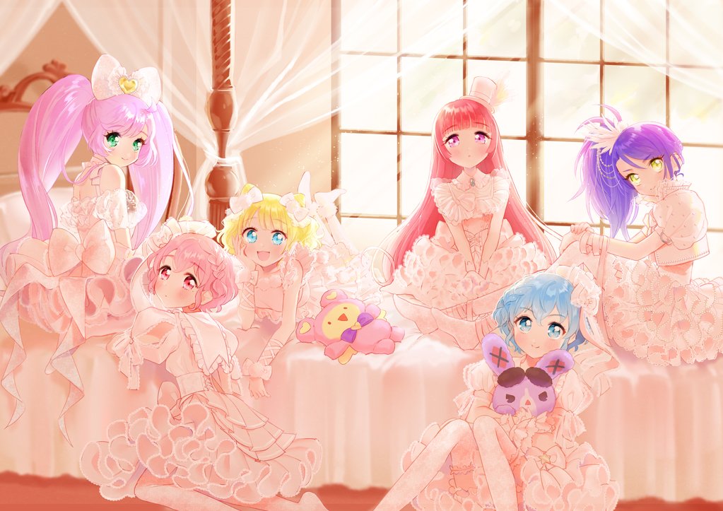 1boy 5girls :d adapted_costume ahoge bed bedroom blonde_hair blue_eyes blue_hair blunt_bangs blush bow braid brother_and_sister commentary_request crossdressing curly_hair curtains detached_collar dorothy_west dress frilled_dress frills green_eyes group_picture hair_between_eyes hair_bow hat hojo_sophy holding holding_stuffed_toy indoors knees_up kuma_(pripara) long_hair looking_at_viewer manaka_laala minami_mirei mini_hat mini_top_hat mole mole_under_eye multiple_girls on_bed on_floor open_mouth oshiri_(o4ritarou) pink_eyes pink_hair pretty_series pripara purple_hair red_hair reona_west short_hair siblings side_braid side_ponytail sitting smile stuffed_animal stuffed_rabbit stuffed_toy teddy_bear top_hat toudou_shion trap twins twintails usagi_(pripara) very_long_hair wedding_dress white_bow white_dress window yellow_eyes