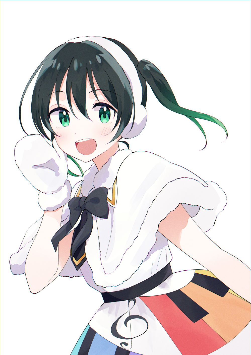 1girl black_bow blush bow capelet colorful_dreams!_colorful_smiles!_(love_live!) earmuffs gradient_hair green_eyes green_hair hair_between_eyes highres lone_nape_hair looking_at_viewer love_live! love_live!_nijigasaki_high_school_idol_club medium_hair mittens multicolored_hair musical_note musical_note_print open_mouth sidelocks solo standing takasaki_yu teeth twintails upper_body upper_teeth_only watanabe_nako white_background white_capelet white_mittens