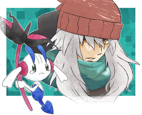 az_(pokemon) beanie closed_mouth commentary_request crying crying_with_eyes_open floette floette_(eternal) flower gen_6_pokemon green_scarf grey_hair hair_over_one_eye hat holding holding_flower nintendo outline pokemon pokemon_(creature) pokemon_xy red_hat scarf sisibou tears white_outline yellow_eyes