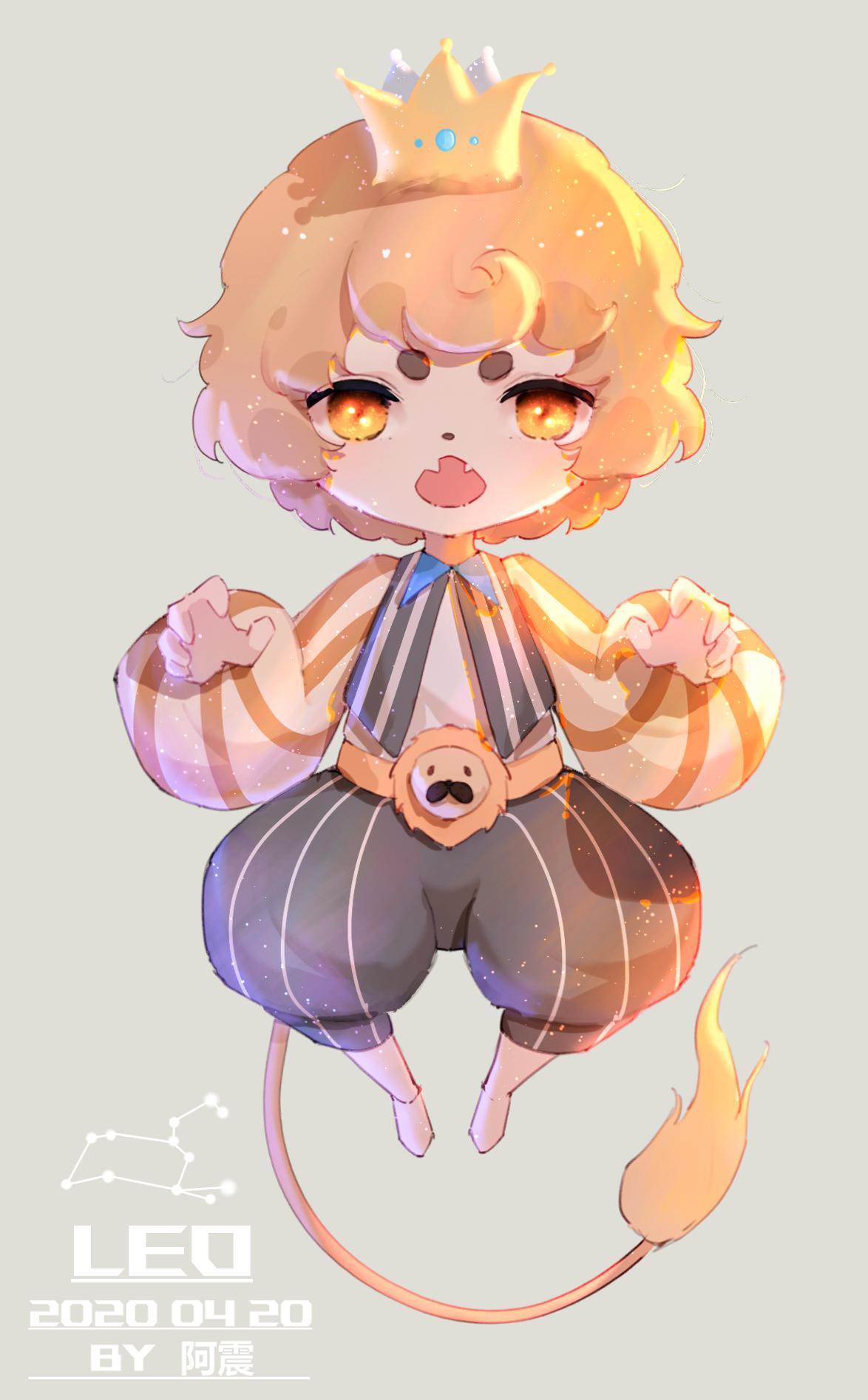 1boy artist_name black_pants black_vest blonde_hair chibi claw_pose crown dated fangs full_body grey_background hand_up highres leo_(constellation) leo_(zodiac) lion_boy lion_ornament lion_tail long_sleeves looking_at_viewer mini_crown open_mouth original pants puffy_long_sleeves puffy_pants puffy_sleeves shirt short_eyebrows short_hair skin_fangs solo striped_clothes striped_pants striped_shirt striped_vest tail vertical-striped_clothes vertical-striped_pants vertical-striped_shirt vertical-striped_vest vest white_footwear white_shirt yellow_eyes yi_er_san zodiac