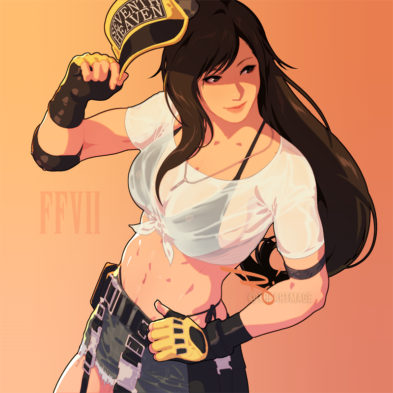 1girl abs baseball_cap bikini bikini_under_clothes black_hair crop_top denim denim_skirt elbow_pads final_fantasy final_fantasy_vii final_fantasy_vii_ever_crisis fingerless_gloves frayed_clothes frayed_skirt gloves hat long_hair looking_to_the_side low-tied_long_hair navel official_alternate_costume see-through_clothes see-through_shirt shirt side-tie_bikini_bottom single_elbow_pad skirt smile solo stomach swimsuit the_art_mage thong_bikini tifa_lockhart tifa_lockhart_(lifeguard) toned wet wet_clothes wet_shirt whistle whistle_around_neck