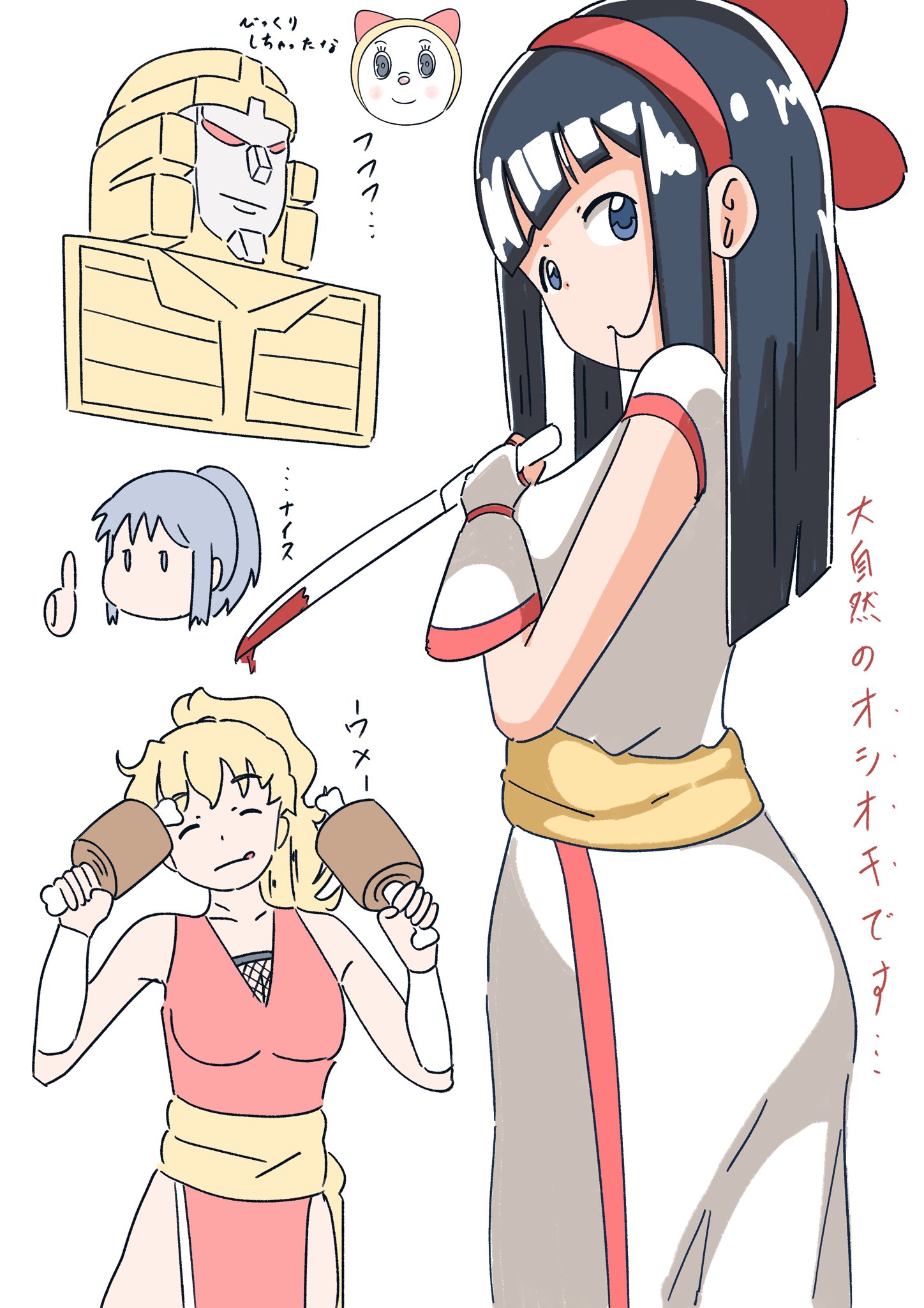 3girls ainu_clothes ass blonde_hair blue_hair breasts capcom capcom_vs_snk closed_eyes final_fight final_fight_2 food genryuusai_maki hair_ribbon highres holding holding_food japanese_clothes japanese_text large_breasts legs leona_heidern long_hair looking_at_viewer looking_back meat medium_breasts multiple_girls nakoruru pants ponytail ribbon samurai_spirits sideboob smile snk standing the_king_of_fighters thighs tongue tongue_out weapon
