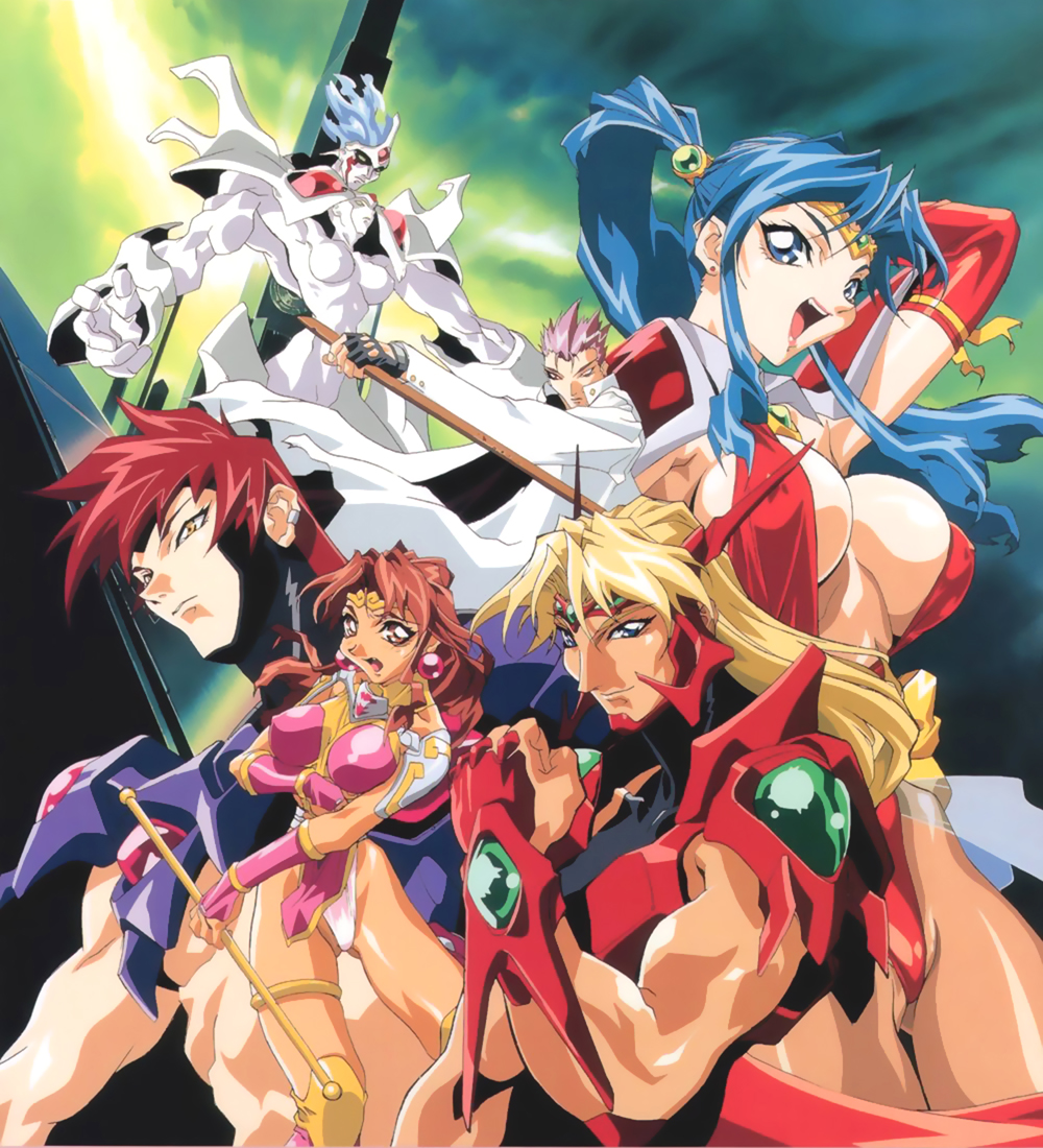 1990s_(style) 3girls 4boys :d abs arm_behind_head arm_ribbon arm_up armor armpits asahina_ryo asahina_ryou asahina_suzu blonde_hair blue_eyes blue_hair bokken bow breast_hold breasts breasts_apart bridal_gauntlets brother_and_sister brown_eyes brown_hair brown_legwear choujin_gakuen_gowcaizer circlet cleavage clenched_hand cloud colored_skin cover covered_erect_nipples earrings everyone facial_mark fang fingerless_gloves floating_hair foreshortening gakuran gem gloves gowcaizer green_eyes groin hellstinger high_ponytail highleg highleg_leotard hishizaki_shaia_(gowcaizer) holding huge_breasts jacket jewelry kaiza_isato kash_gyustan large_breasts laserdisc_cover leotard lipstick long_hair looking_at_viewer looking_away looking_back magical_girl makeup midriff miniskirt multiple_boys multiple_girls muscular no_bra no_pupils nude official_art oobari_masami open_clothes open_jacket open_mouth orange_eyes outdoors outstretched_arm outstretched_arms pantyhose parted_bangs pauldrons pectorals pink_hair platonic_twins polearm ponytail profile raised_fist red_hair retro_artstyle ribbon sash school_uniform see-through_clothes shigure_kyosuke shigure_kyousuke shoulder_armor siblings sideboob sidelocks skirt sky smile son_karin spiked_hair spread_arms squinting staff standing sword technos thigh_gap thighhighs thighlet twins upper_body weapon white_skin wind wooden_sword yellow_eyes