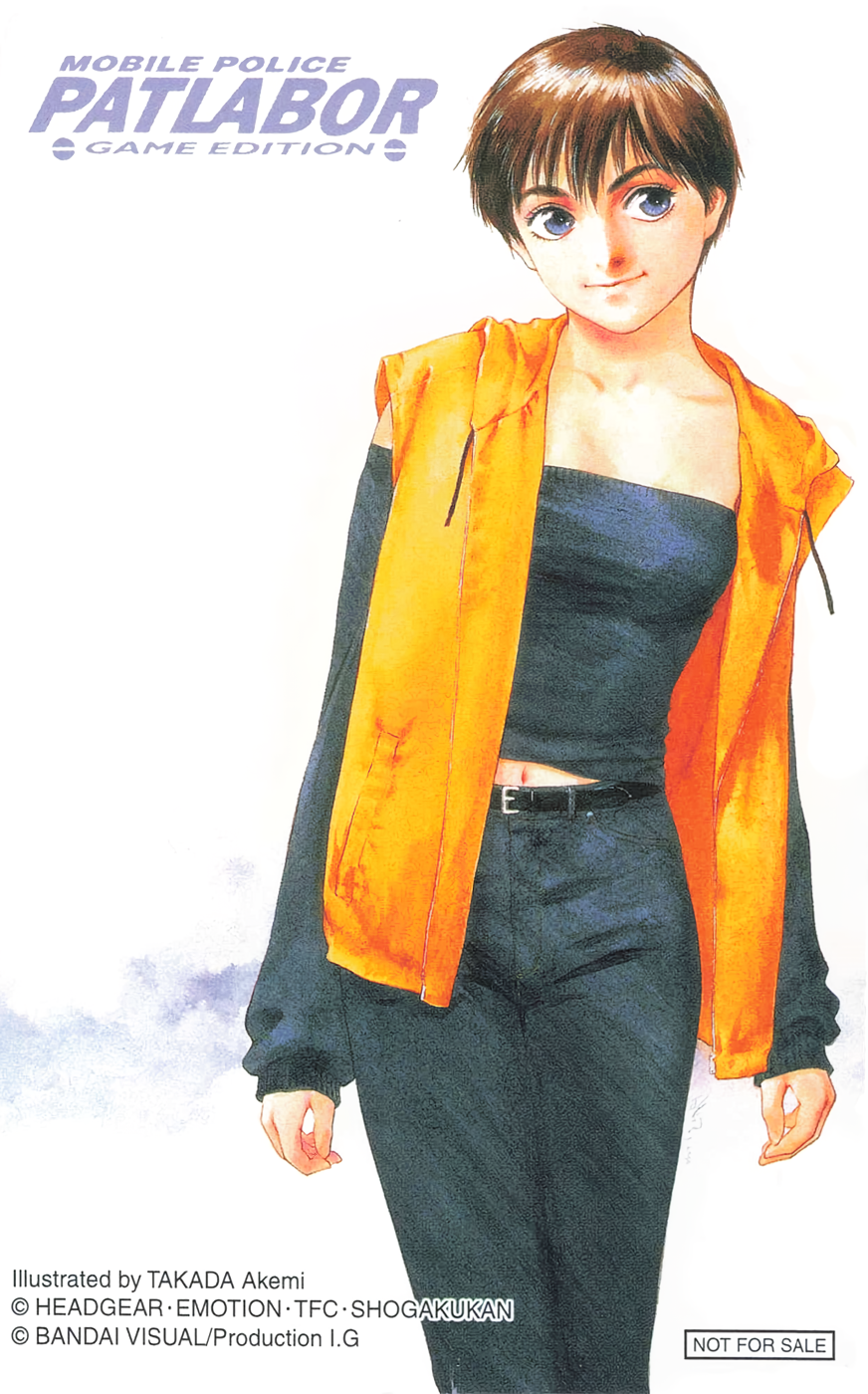 1girl artist_name blue_eyes brown_hair casual company_name copyright_name copyright_notice cowboy_shot highres hood hoodie izumi_noa kidou_keisatsu_patlabor long_sleeves midriff_peek navel non-web_source not_for_sale official_art open_clothes open_hoodie short_hair simple_background smile solo standing takada_akemi white_background