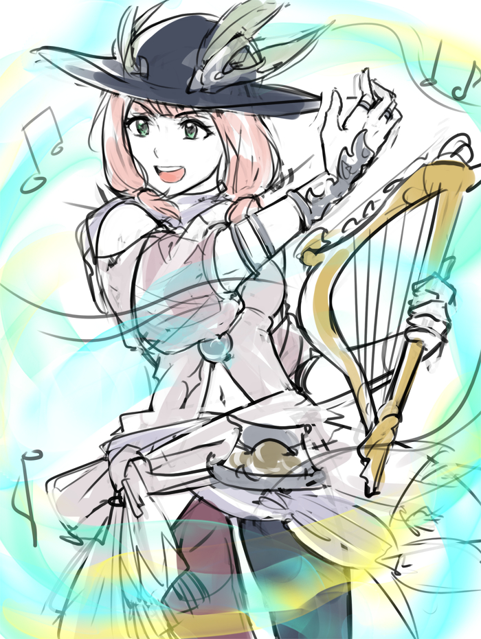 1girl bamboo9545 bang_dream! bard_(final_fantasy) beamed_eighth_notes blue_eyes clothing_cutout commentary_request eighth_note final_fantasy final_fantasy_xiv holding_harp jacket jewelry musical_note open_mouth pants pink_hair pink_jacket ring shoulder_cutout smile solo teeth twintails two-tone_pants uehara_himari upper_teeth_only