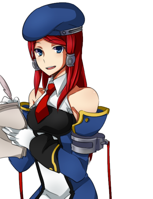 1girl 6_(yuchae) arc_system_works bare_shoulders blazblue blazblue:_continuum_shift blue_eyes cosplay feathers female_focus gloves hair_tubes halterneck long_hair necktie noel_vermillion noel_vermillion_(cosplay) red_hair solo tsubaki_yayoi uniform white_gloves writing