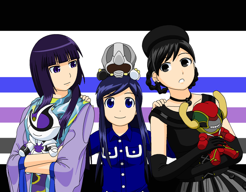 3girls bad_id bad_pixiv_id beret black_dress black_hair blue_eyes blue_hair blunt_bangs carbuncle_phantom character_doll crossed_arms dress elbow_gloves gamel gloves grey_eyes grin hands_on_another&#039;s_shoulders hat heart_(kamen_rider_drive) height_difference kamen_rider kamen_rider_drive_(series) kamen_rider_ooo_(series) kamen_rider_wizard_(series) long_hair medic_(kamen_rider_drive) medusa_(kamen_rider_wizard) mezul multiple_girls redol roidmude shawl short_hair smile wide_sleeves wiseman_(kamen_rider_wizard)