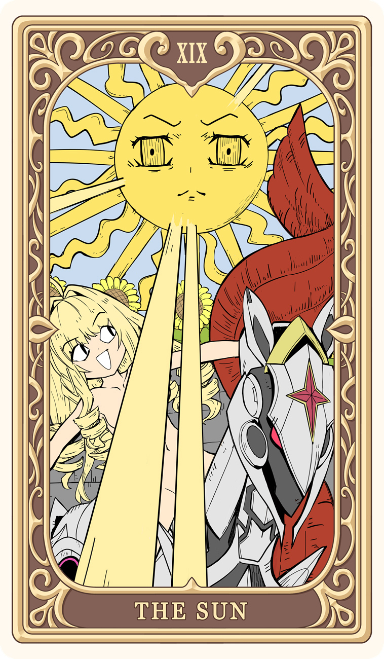 1girl ahoge blonde_hair card_(medium) character_request check_character commentary_request completely_nude convenient_censoring crown_(nikke) drill_hair flower goddess_of_victory:_nikke highres light_censor light_rays long_hair navel nude open_mouth roman_numeral sun sunflower syope tarot the_sun_(tarot) very_long_hair