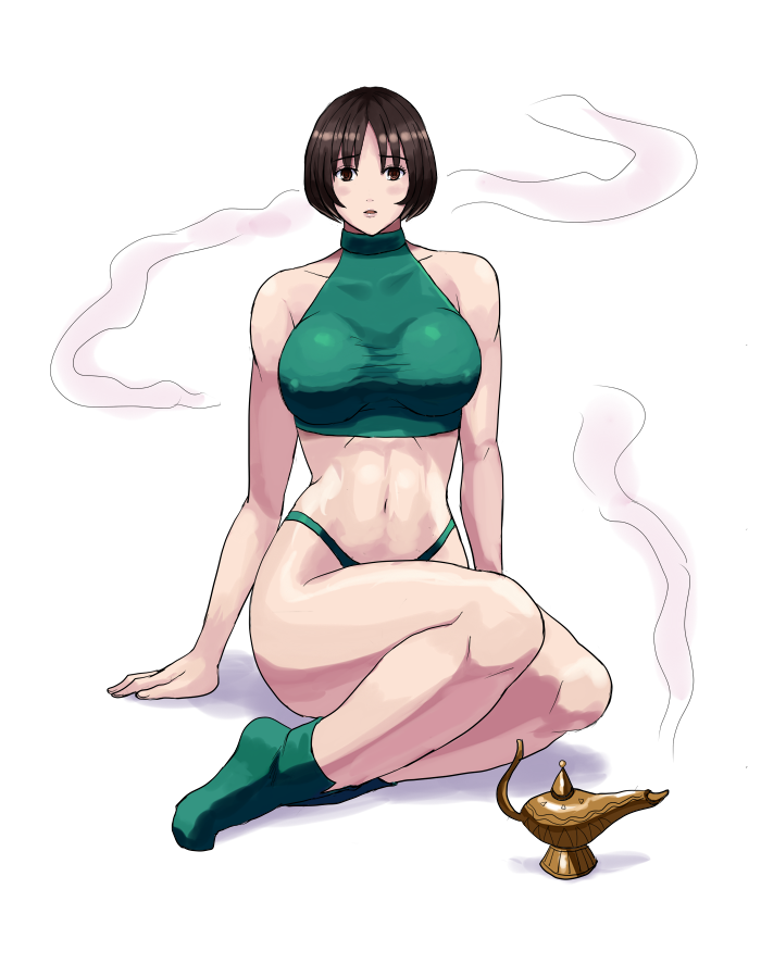 1girl 78_(tky8) abs bare_arms bare_legs bare_shoulders black_eyes black_hair breasts cleavage collarbone covered_erect_nipples eyebrows_hidden_by_hair final_fantasy final_fantasy_v lamp large_breasts looking_at_viewer nipples open_mouth shadow short_hair simple_background sitting smoke solo sports_bra stomach vest white_background zephyrus