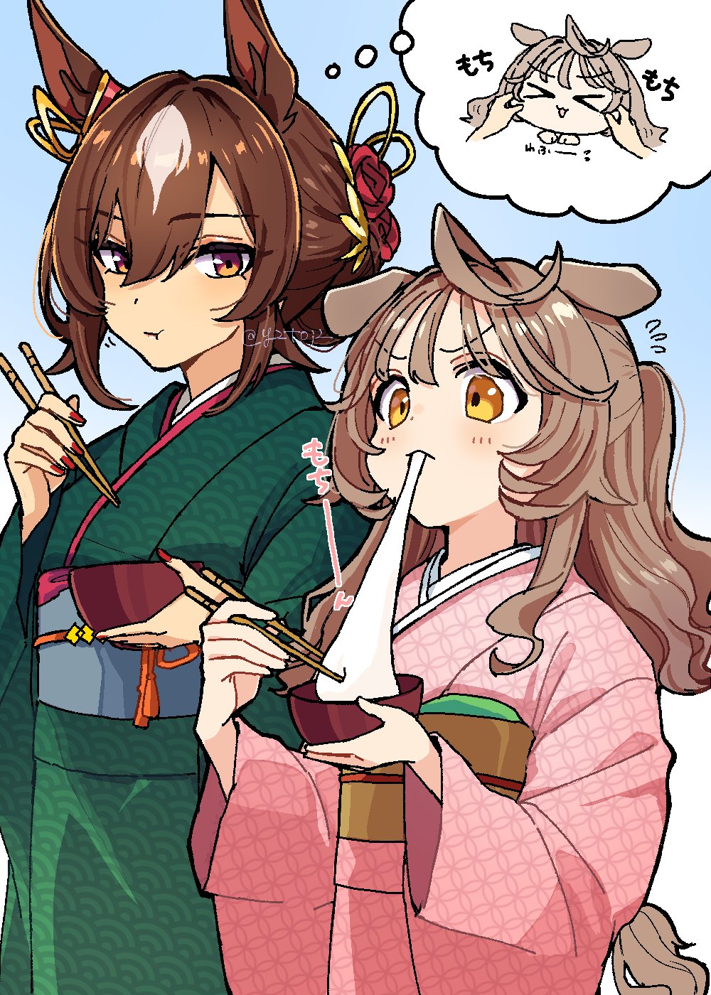 &gt;_&lt; 2girls ahoge animal_ears blush bowl brown_hair cheek_pull chopsticks closed_mouth dog_ears dog_girl dog_tail eating female_trainer_(umamusume) flying_sweatdrops food green_kimono hair_ornament highres holding holding_bowl holding_chopsticks horse_ears japanese_clothes kemonomimi_mode kimono long_hair long_sleeves looking_at_another mochi multiple_girls obi pink_kimono red_nails sash sirius_symboli_(umamusume) speech_bubble standing tail thought_bubble toji_(y2toj2) trainer_(umamusume) twitter_username umamusume upper_body v-shaped_eyebrows watermark yellow_eyes