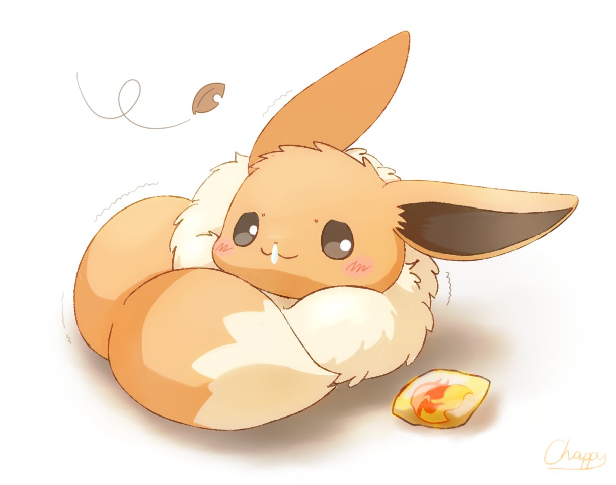 animal_focus blush bright_pupils brown_eyes closed_mouth eevee evolution_stone evolutionary_stone fire_stone game_freak gen_1_pokemon leaf mimix nintendo no_humans pokemon pokemon_(creature) shadow smile snot solo tail white_background white_pupils