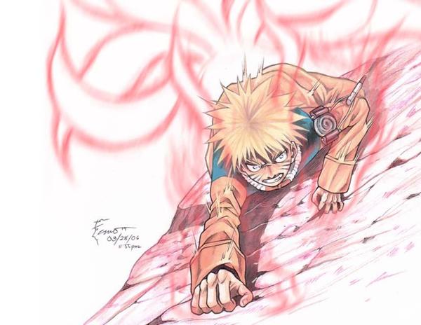 1boy 2006 adobe_photoshop all_fours alternate_form angry aura ballpoint_pen_(medium) blonde_hair clenched_teeth colored_pencil_(medium) dated dominic_ian_cabatit facial_mark fox_tail hands_on_ground jacket long_sleeves looking_at_viewer male_focus multiple_tails naruto_(classic) naruto_(series) orange_jacket pen_(medium) short_hair solo spiked_hair tail teeth timestamp traditional_media uzumaki_naruto v-shaped_eyebrows whisker_markings
