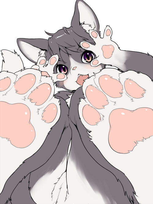 1girl animal_feet animal_hands black_fur black_hair body_fur cat_girl claws commentary_request completely_nude feet foot_focus furry furry_female hands_up kikurage_(crayon_arts) looking_at_viewer nude open_mouth original purple_eyes pussy short_hair simple_background solo tail white_background